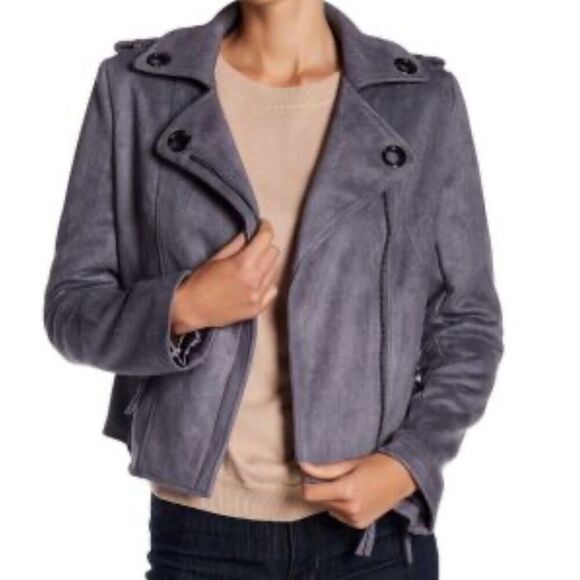 NWT JOHN + JENN Felix Faux Suede Moto Jacket Gunmetal Grey Women’s Small - Picture 1 of 12